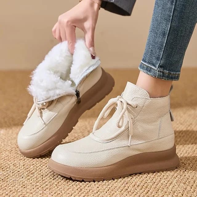 Warmth Fleece Lined Thick Bottomed Real Leather Woolen Women's Snow Boots Winter Cotton Shoes Short Boots for Elderly ...