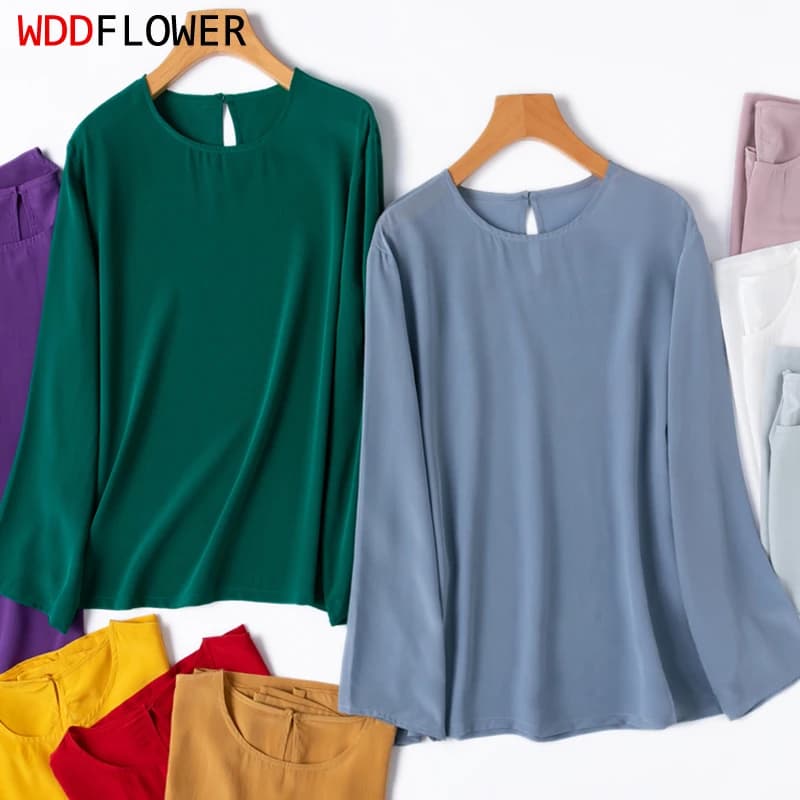 Women's Silk Shirt 100% Silk Silk Cream Solid Color Basic Pullover Type Long Sleeved Shirt ML XL M1459