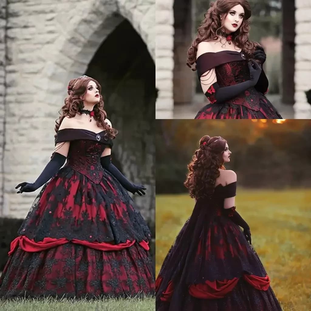Abito da sposa gotico nero e rosso scuro con spalle scoperte Abiti da sposa vittoriani vintage in pizzo lungo con spalle scoperte Costume da donna personalizzato