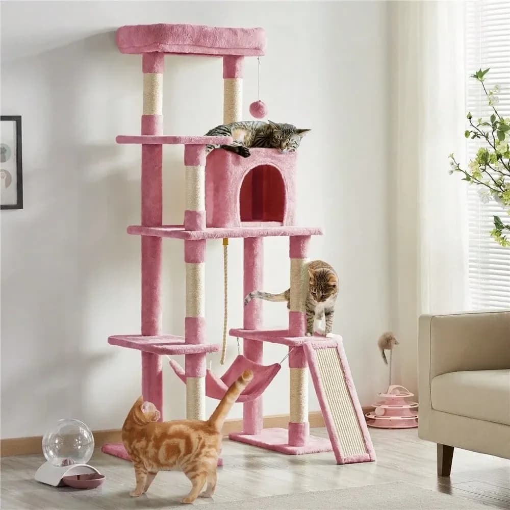 Tiragraffi per Gatti, Altezza 63 Pollici, in Peluche con Pali Rivestiti in Sisal, Elegante Torre per Gatti con Amaca S