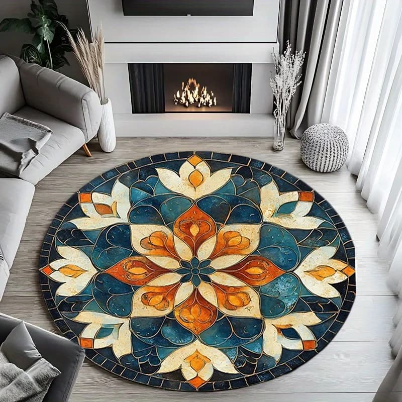 Flannel printed round carpet with mandala pattern for yoga, meditation and home decoration, soft boho interior mat