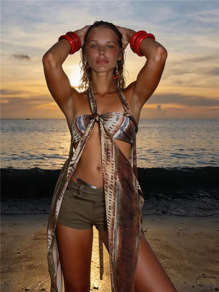 Kliou Set Sexy alla Moda 2 Pezzi da Donna, Top a Fascia con Stampa Colorata e Scollo all'Americana, Senza Schienale, Forma Irregolare + Slip, Completo Stile Spiaggia