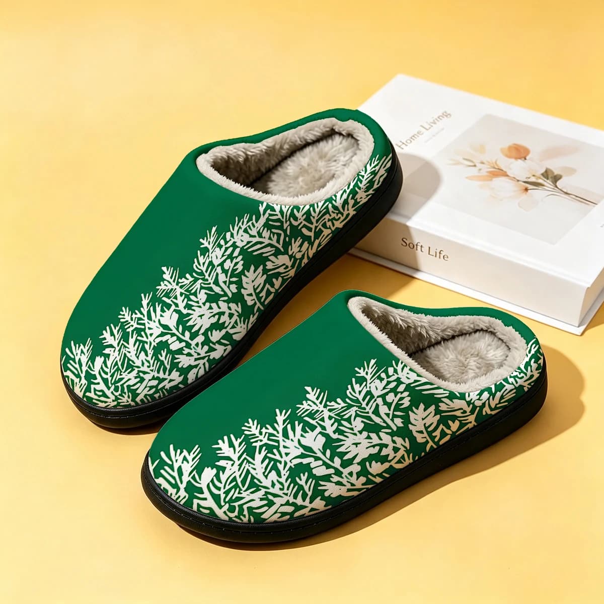 Green White Pine Tree Women's Winter High-End Cotton Slippers Indoor Home Plush Warm Slippers Couple Slippers Men Autumn