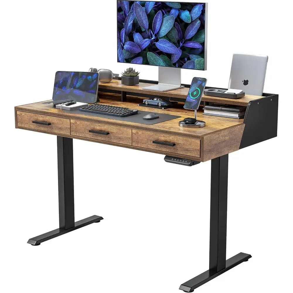 Scrivania Regolabile in Altezza Marrone Rustico 48x26 Pollici con 3 Ripiani in Legno e Supporto per Monitor