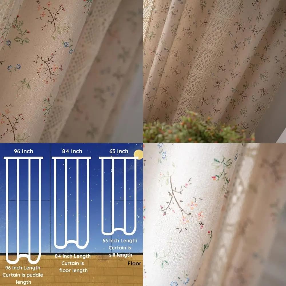 63 Boho Semi-transparent Curtains with Nappe, Set of 2 Panels, Pizzo all'Uncinetto, Tasca per Asta, Beige, Suitable for Bedroom, Living Room