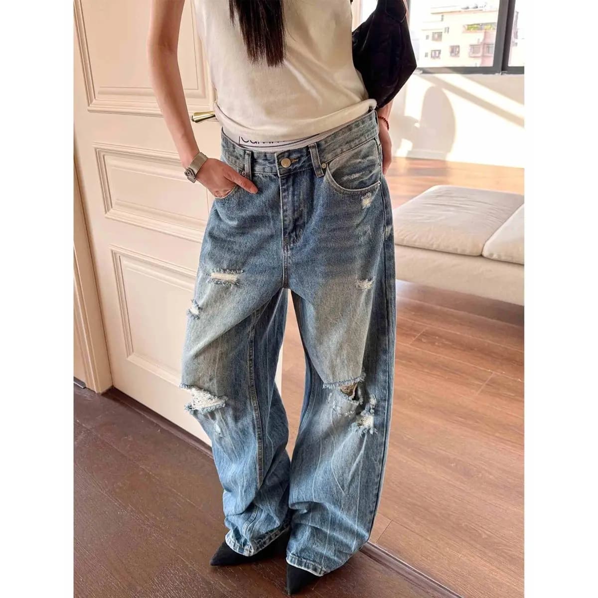 Jeans Blu a Vita Alta con Molteplici Fori per Donna, Pantaloni a Gamba Larga Stile Americano, Abbigliamento Casual Vintage Femminile