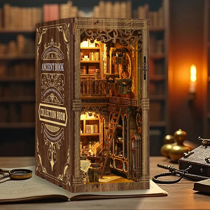 Kit Fai-da-Te per Angolo Libreria, Mini Casa delle Bambole in Legno, Puzzle 3D da Assemblare, Fermalibri con Luce LED, Decorazione per Libreria, Regalo Creativo