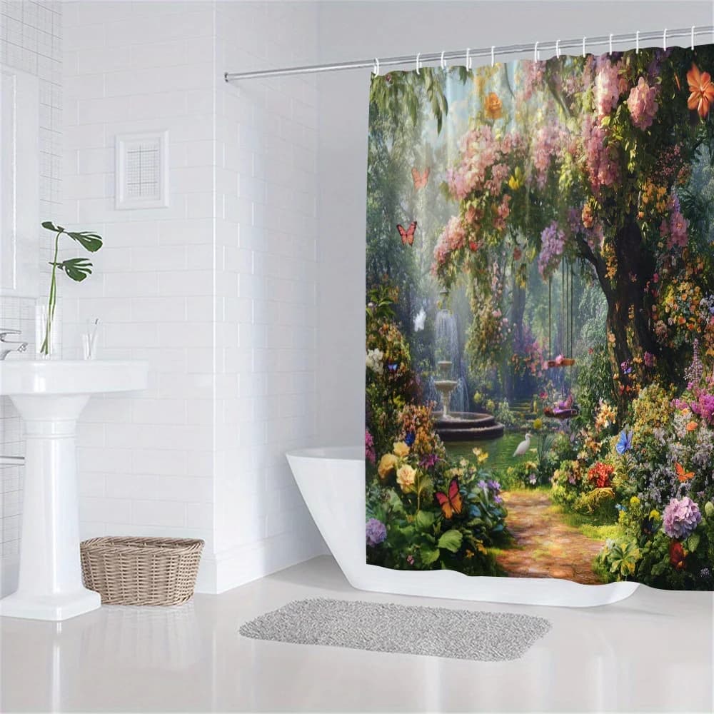 Tenda da doccia impermeabile con stampa da giardino incantato per bagno, tenda divisoria per WC di fascia alta con design floreale e farfalla vibrante