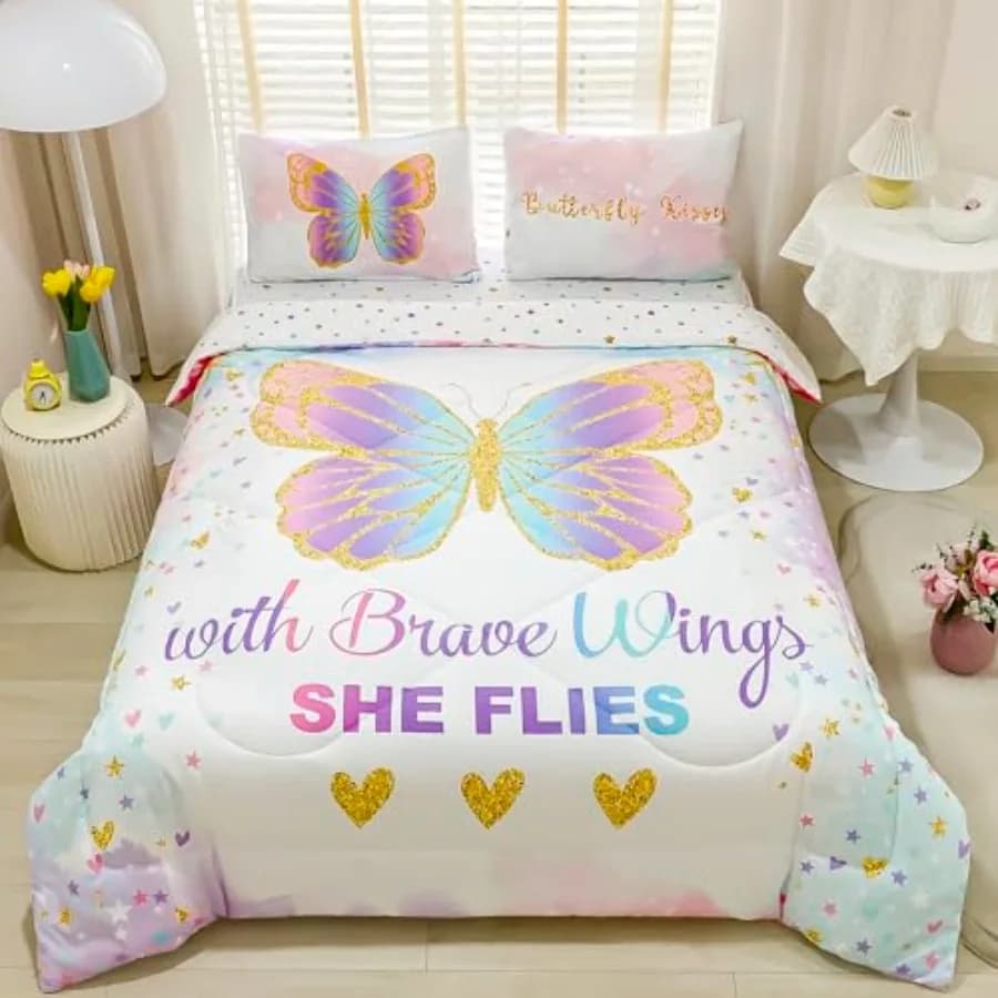 Set Copripiumino per Ragazze 5 Pezzi, Set Letto Completo con Farfalle 3D Colorate, Set Lenzuola Ultra Morbido e Soffice
