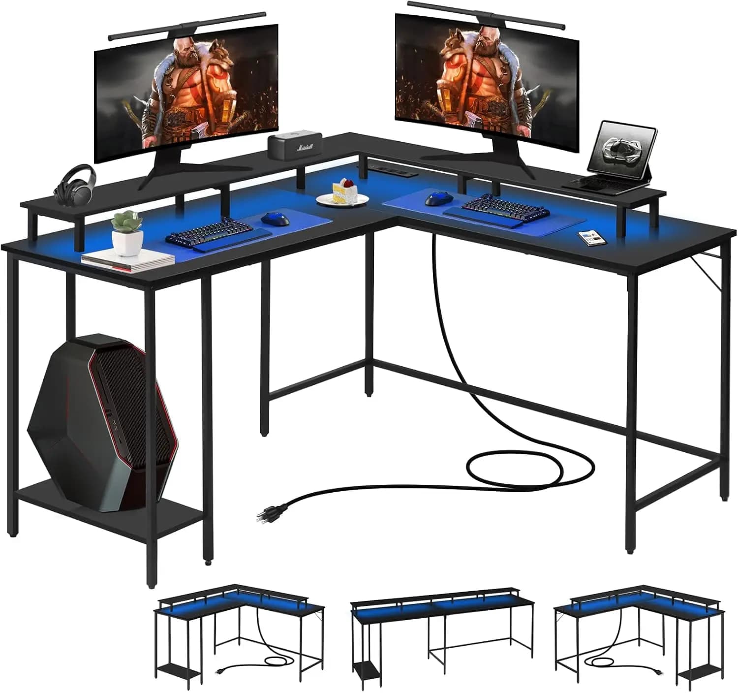 Scrivania da gaming a forma di L da 53,5 pollici con luci LED, prese di corrente, supporto per monitor, ripiano e porta USB in nero