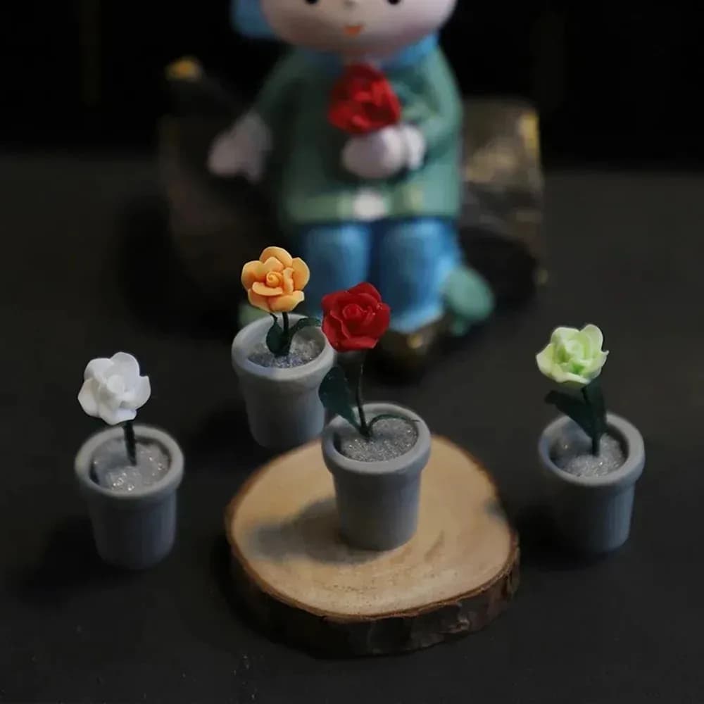 1:12 Scale Mini Rose Potted Plant Dollhouse Ornament Tiny Flower Decor Model