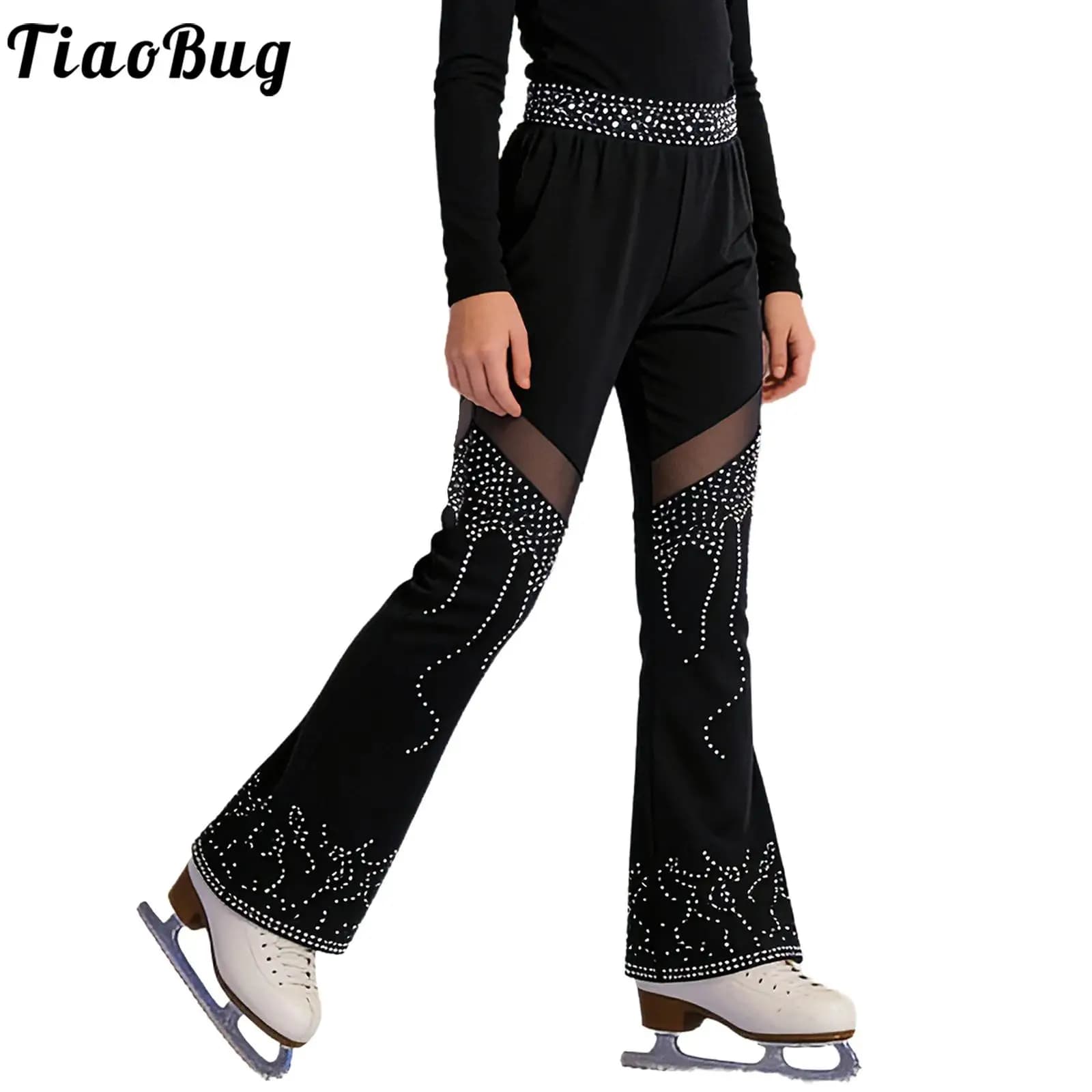 Pantaloni per Pattinaggio Artistico su Ghiaccio per Bambine, Leggings Sottili Foderati in Pile, Elastico in Vita, Strass in Rete, Pantaloni per Ginnastica