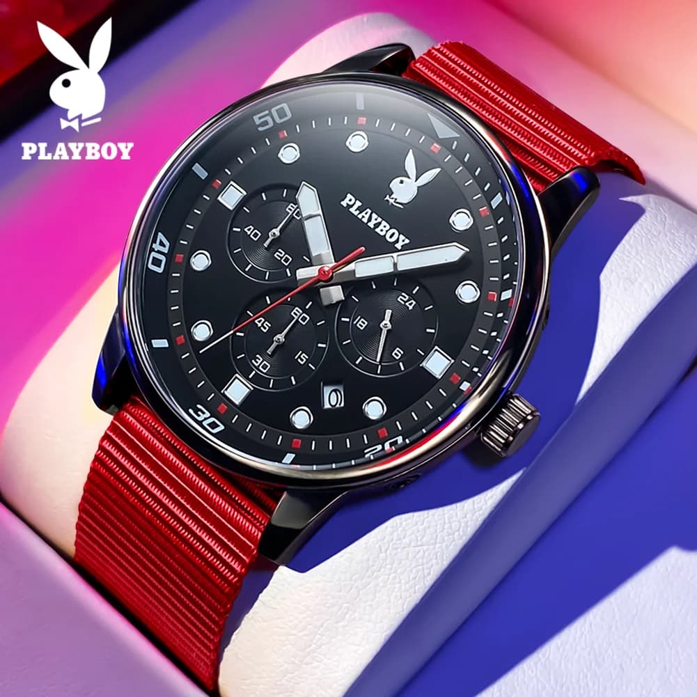 PLAYBOY Orologio da uomo Orologio sportivo casual multifunzionale al quarzo Orologio da polso impermeabile con data luminosa per uomo Cinturino in nylon 3072