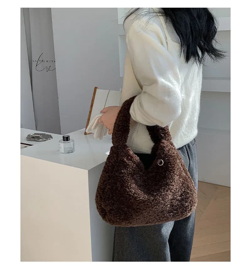 Nuova Borsa Morbida in Peluche a Tinta Unita, Borsa a Spalla Invernale in Lana d'Agnello, Borsa da Ufficio per Donne