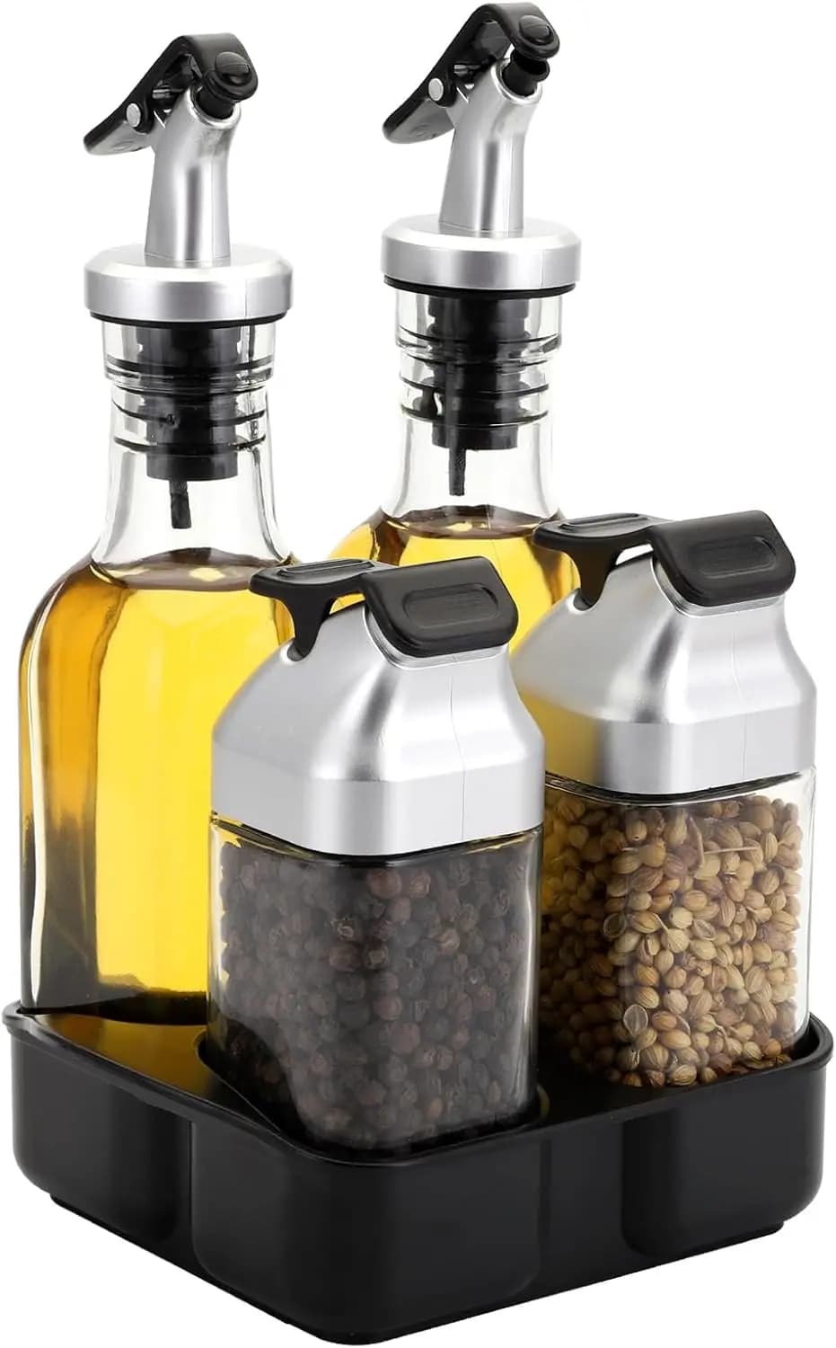 Set di Bottiglie Dispenser per Olio e Aceto con Supporto, Set da Tavola in Vetro con Saliera e Pepiera, Oliera e Acetiera