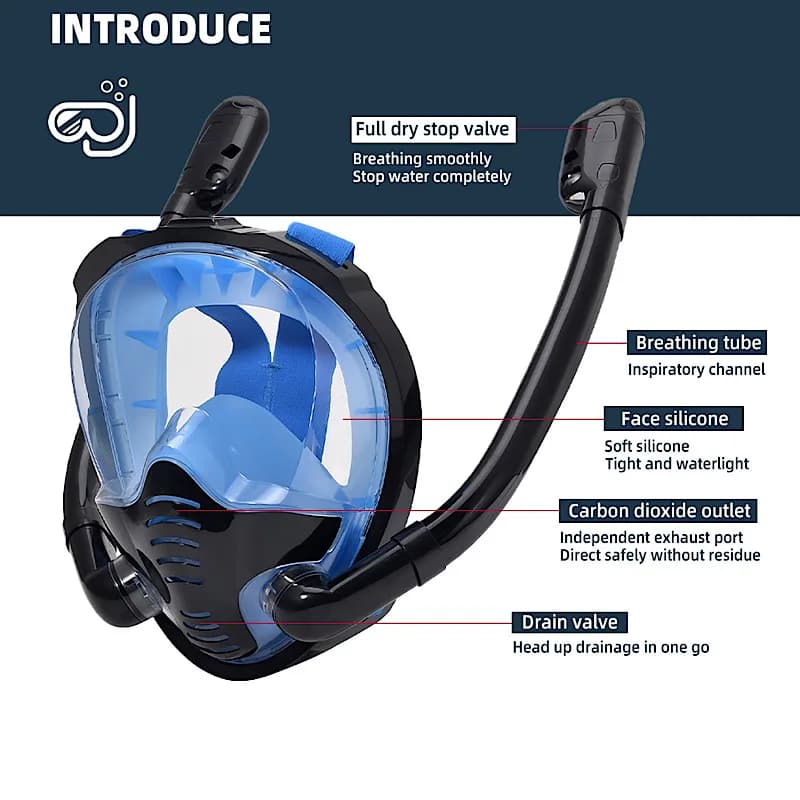 Snorkeling mask with double-tube integral anti-fog proof of leaks wide angle of view suitable for Snorkeling and swimming.