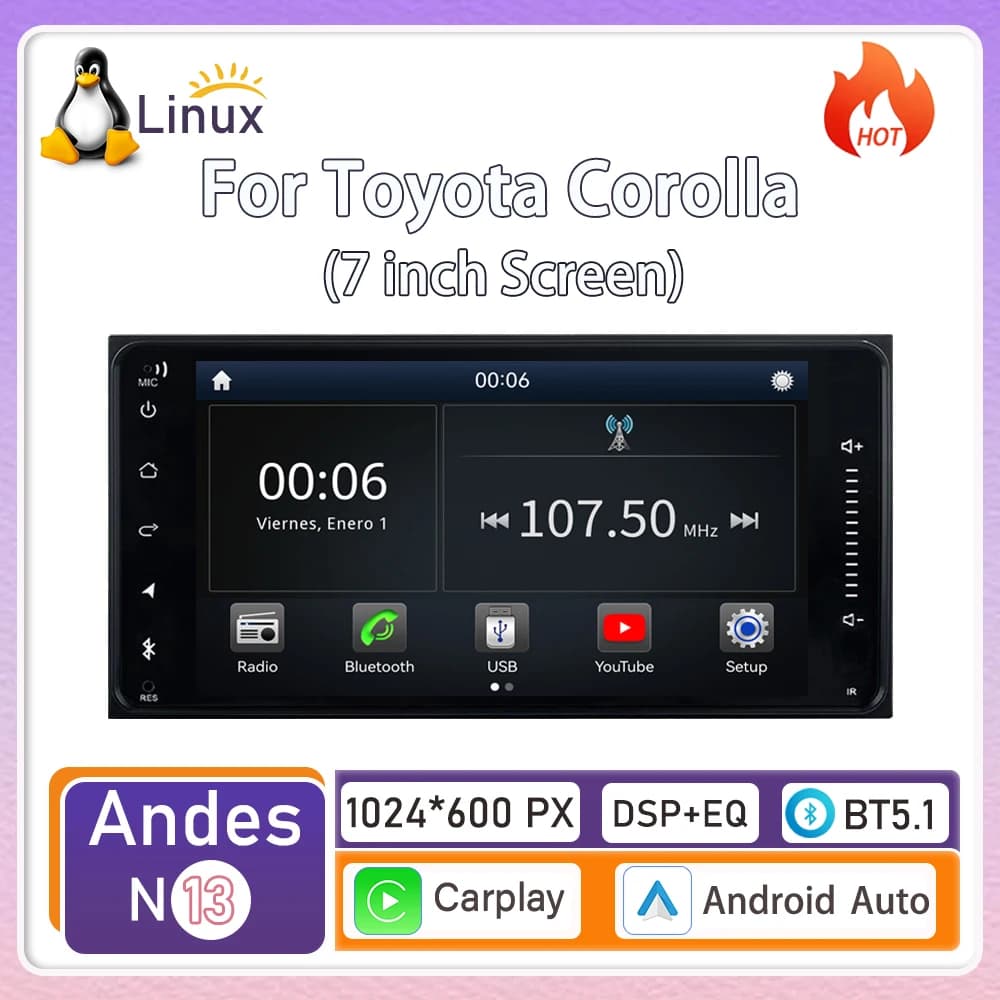 For Toyota Corolla (7 inch screen) new in-vehicle device with Linux system and CarPlay wireless, new model, navigation, video, Bluetooth