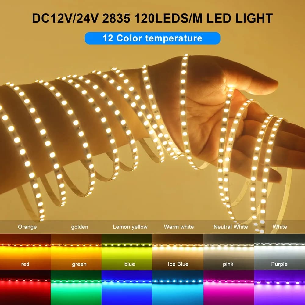 DC12V 24V LED Strip Light 2835 120Leds/m Flexible LED Tape 5mm 8mm PCB Red Green Blue Purple White Ribbon Rope Lamp 5m 10m