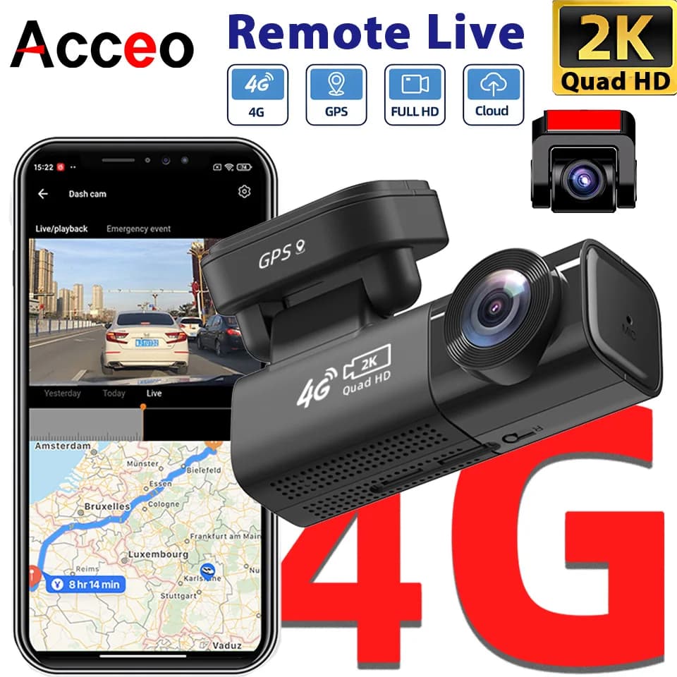 Dash Cam ACCEO 4G/2k with Remote Monitoring in Real Time, APP Control, Video Recorder for Auto with GPS Positioning and Rear Camera 1080P