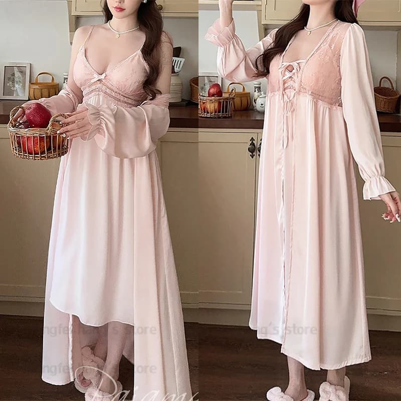 Women's Long Dress Mariage Set Luxury Wedding Dress Ice Silk Wedding Dress Kimono Bathrobe Chemise Sexy Nightwear Lingerie