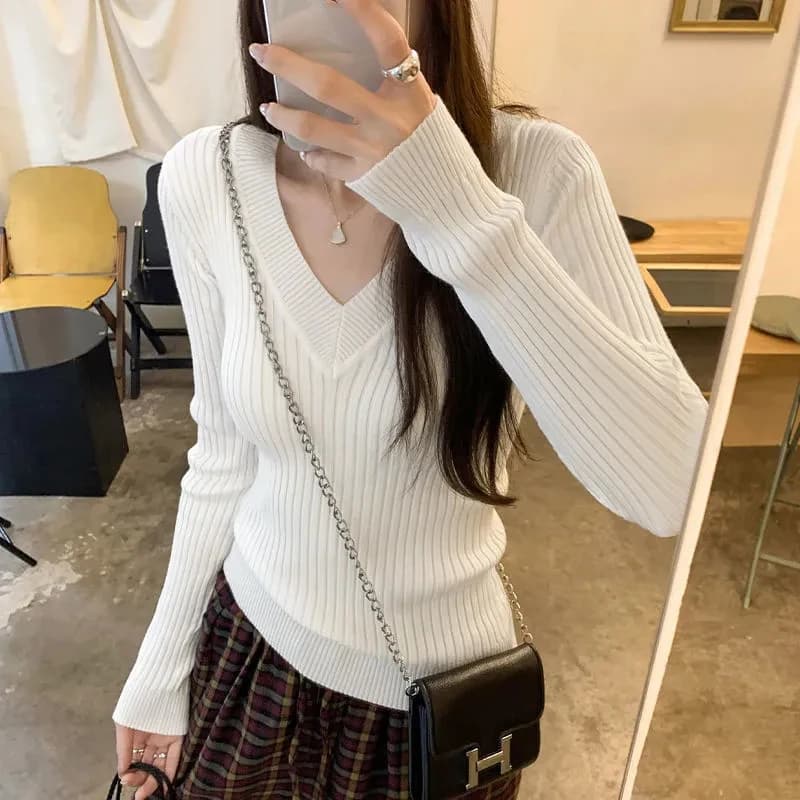 Maglione lavorato a maglia chic con scollo a V da donna coreano solido semplice da ufficio pullover a maniche lunghe da donna tutto abbinato maglioni con fondo delicato slim fit