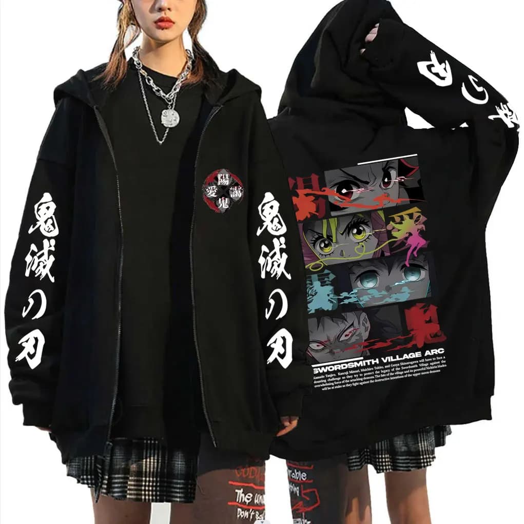 Anime Uomo Donna Demon Slayer Kamado Tanjirou Kanroji Mitsuri Tokitou Muichirou Shinazugawa Genya Eyes Cappotto con cappuccio con cerniera grafica