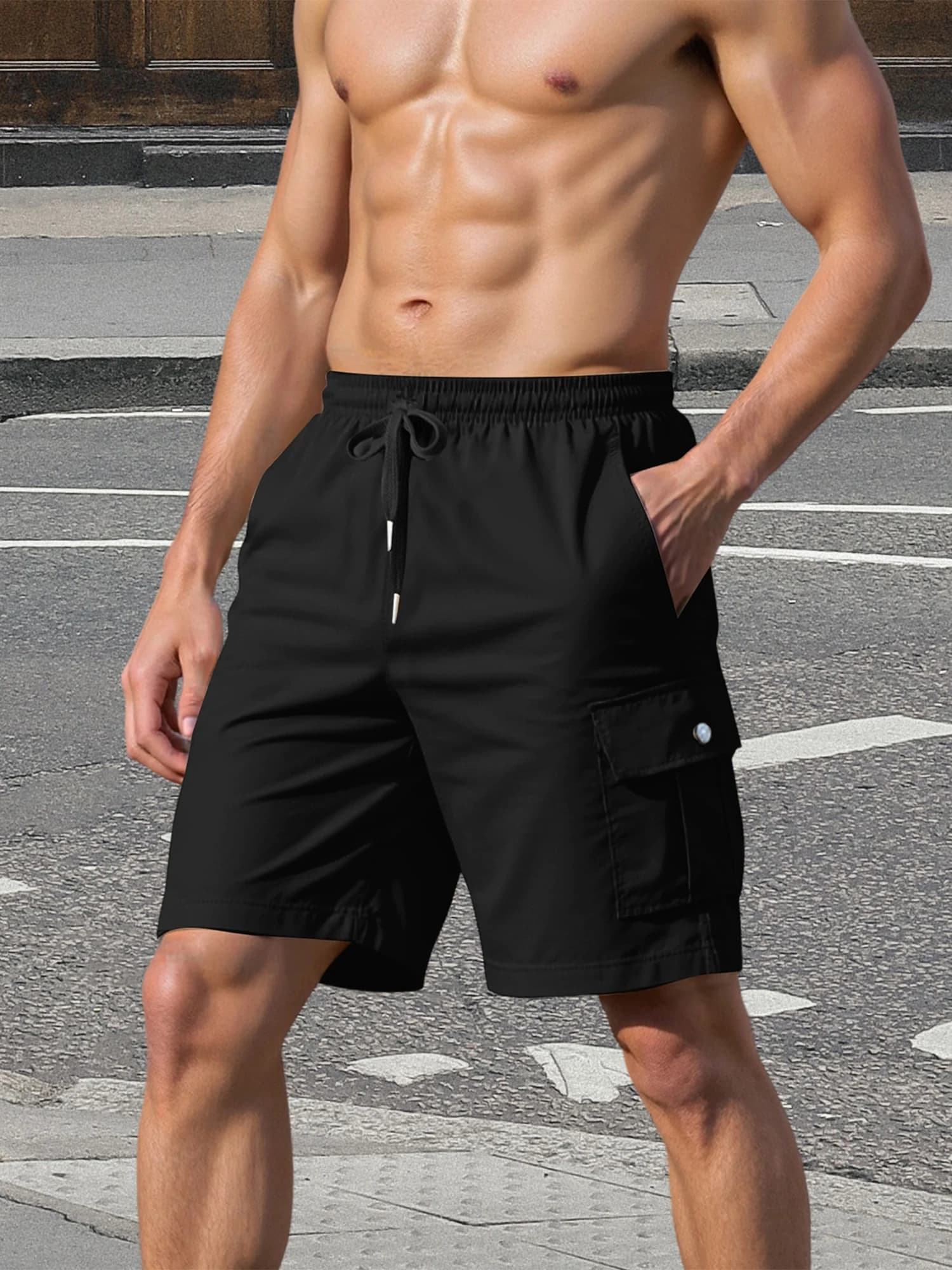Pantaloncini cargo leggeri da uomo ad asciugatura rapida con elastico in vita con coulisse regolabile e tasche multiple per esterni