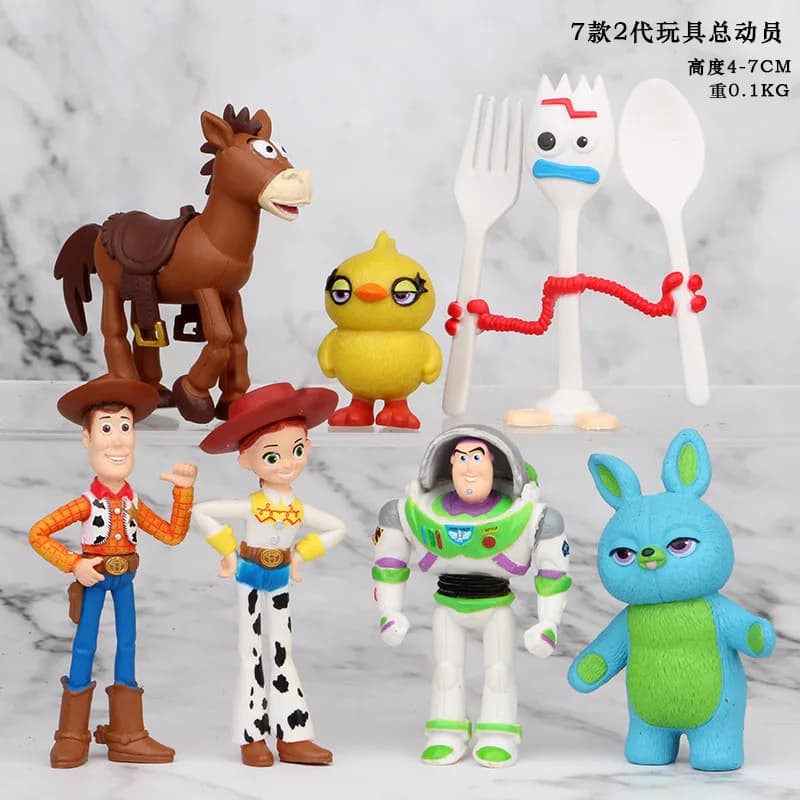 Set di 7 Action Figure di Toy Story 4: Woody, Jessie, Buzz Lightyear, Forky, Maialino, Orso, Modellini, Statuette, Regalo di Compleanno per Ragazzi
