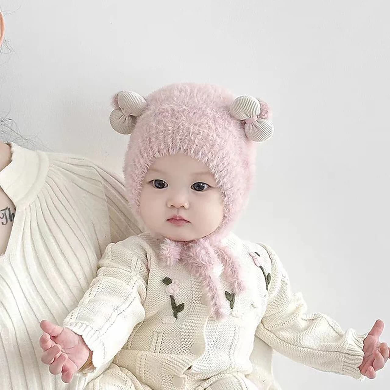 Sweet Girl Plush Hat Winter Warm Baby Ear Protection Cap Pink Bow Infant Lacing Beanie 3-24M Children Thermal Headgear Knit Hats