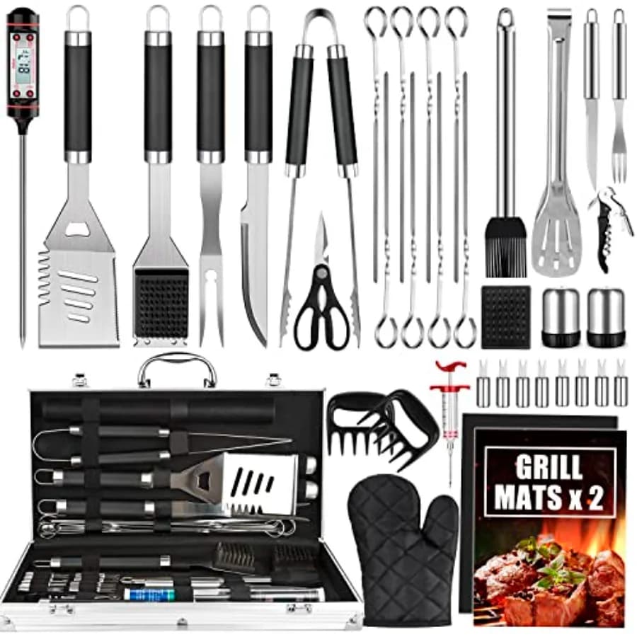 Set di Accessori per Barbecue 38 Pezzi, Utensili in Acciaio Inox con Valigetta in Alluminio, Termometro e Tappetini per Griglia