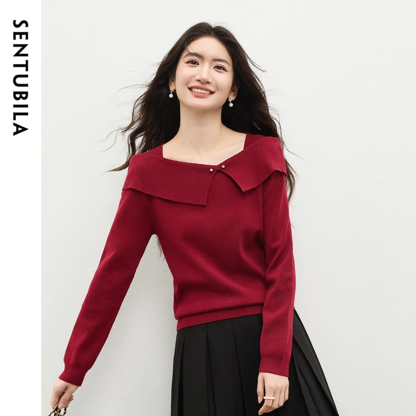 SENTUBILA Maglione bordeaux da donna, modello intero con colletto a revers e dettagli bottoni in metallo, pullover casual primaverile a maniche lunghe in maglia W61HA6121