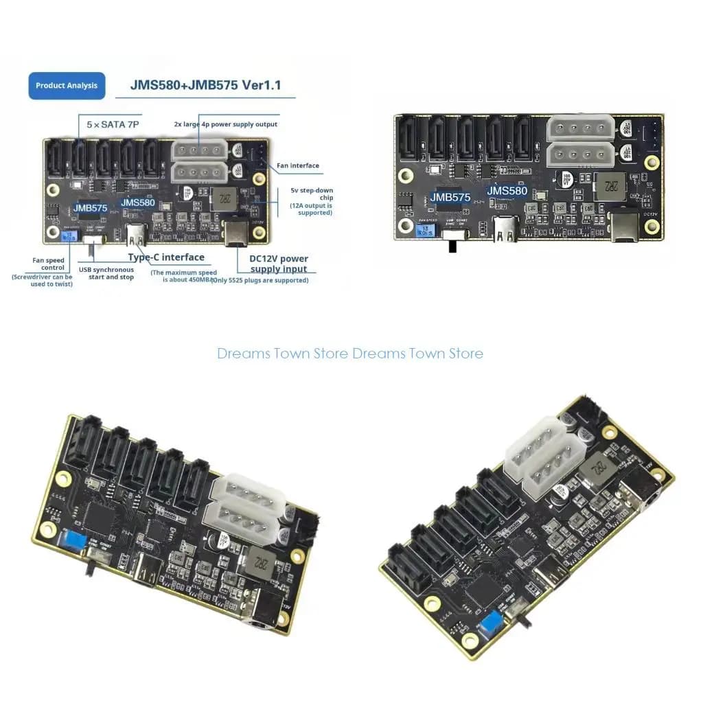 HX6A USB C to SATA3 Adapter Board, 5 Port SATA3 Expansion Card with Power Connectors for External HDD Drive Storage