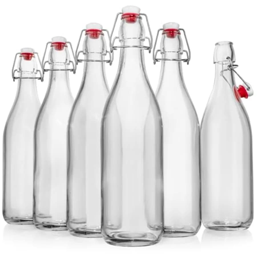 Bottiglie di vetro con tappo a scatto [1 litro/ 33 fl. oz.] oz. Confezione da 6 Bottiglie Flip Top per Fermentazione di Kombucha, Birra, Kefir, Vino e Ai