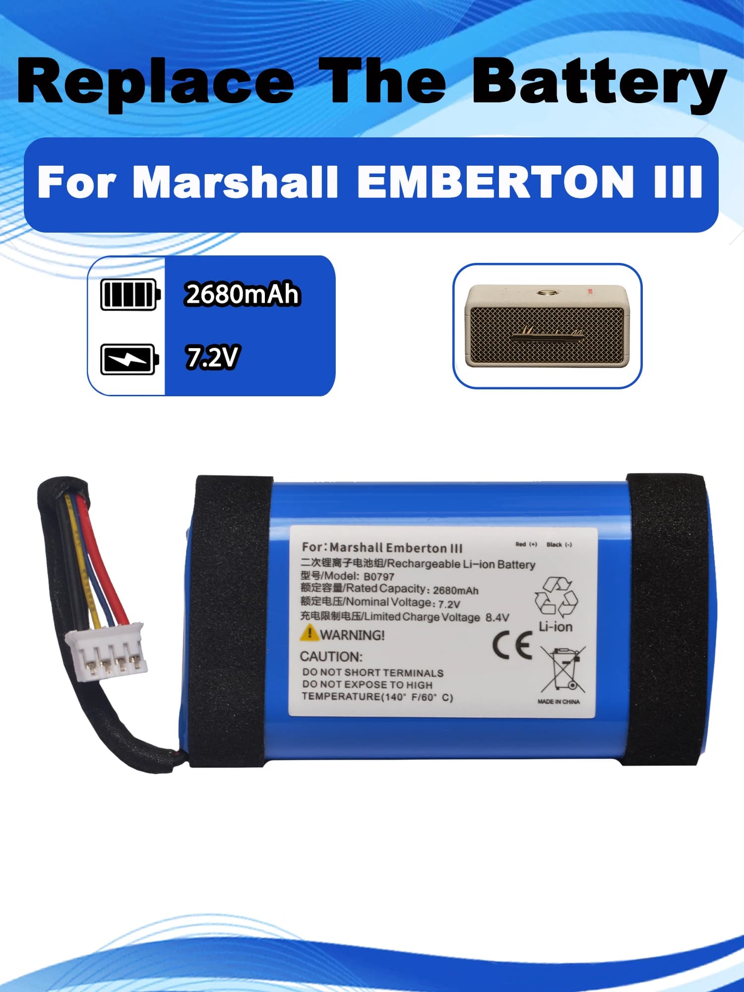 Batteria di ricambio 7.2V 2680mAh B0797 per altoparlante Bluetooth wireless Marshall Emberton III di terza generazione