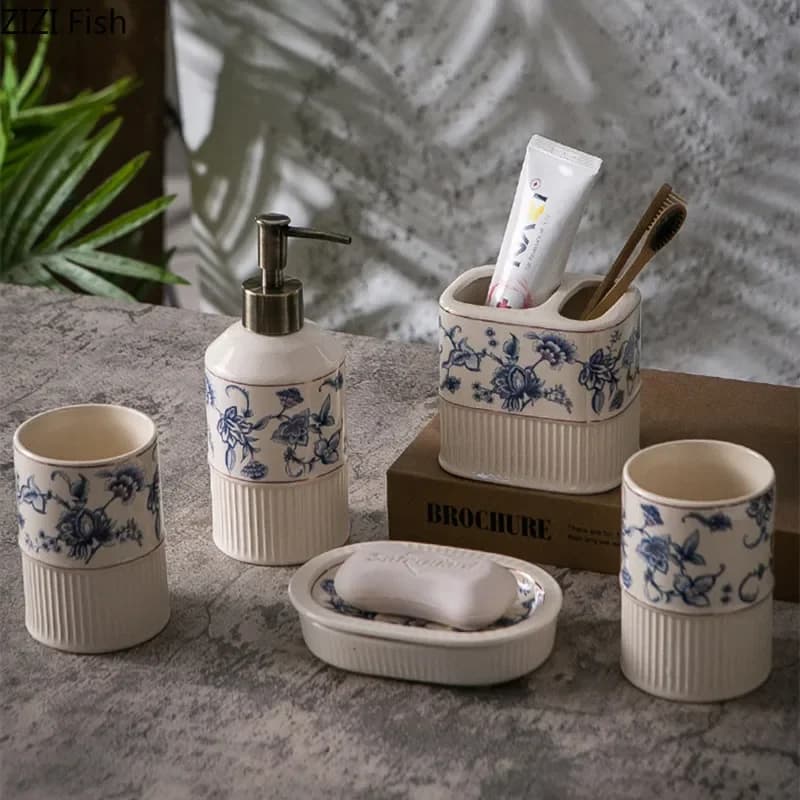 Chinese Style Simple Ceramic Wash Kit Creative Hotel Hand Soap Bottle Soap Dispenser Soap Dish Set Home Bathroom Accessories