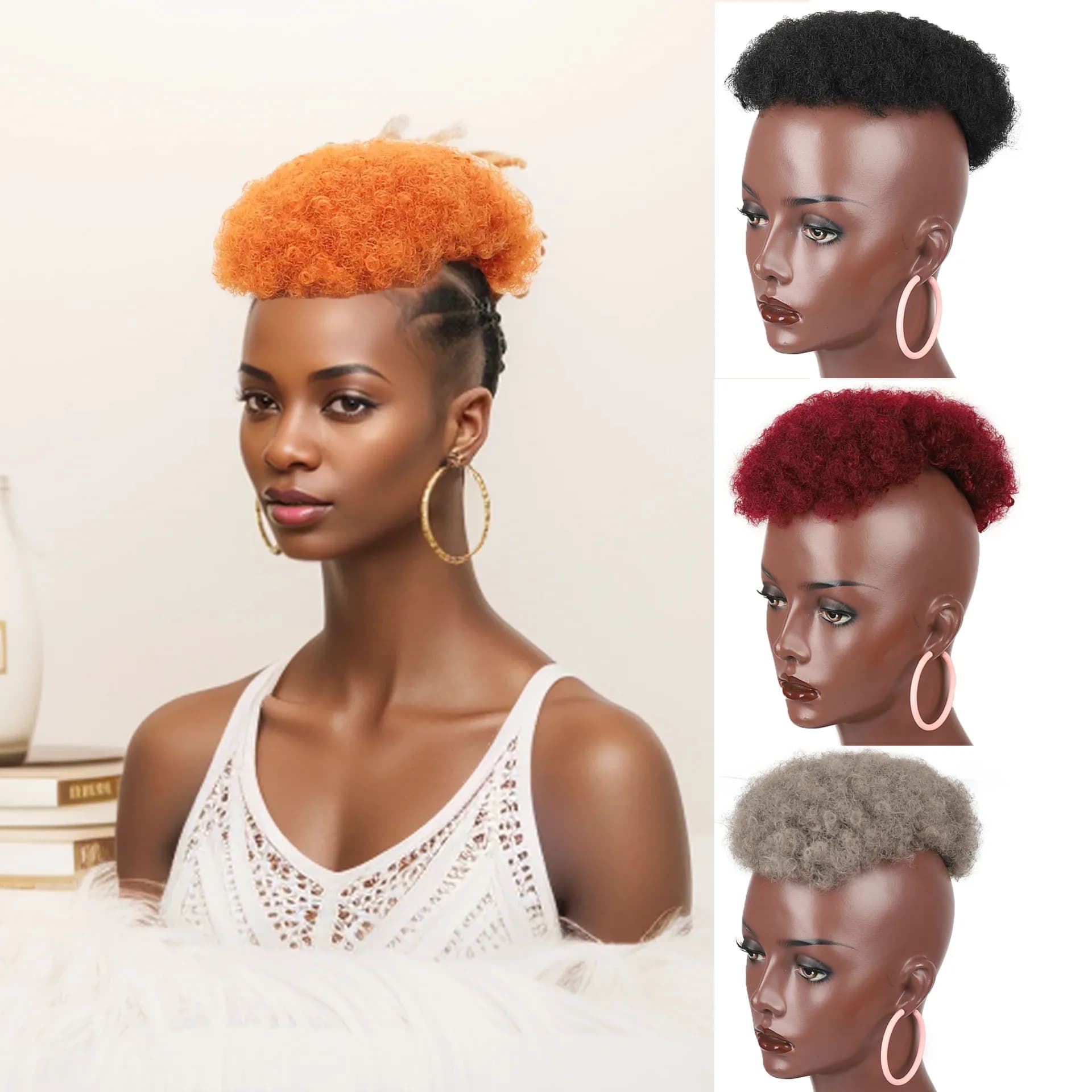 Jeedou Parrucchino Nero Corto Ricci Afro con Clip, Topper per Capelli Unisex per Calvizie e Capelli Diradati, Parrucca Sintetica