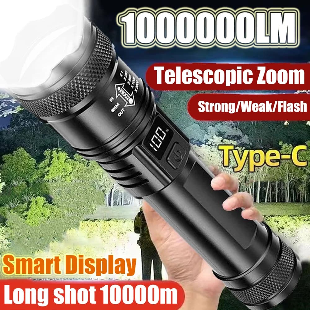 Rechargeable LED Flashlight 10000LM Zoomable Torch Waterproof 5 Modes with LCD Display Charging for Camping Hiking Emergency