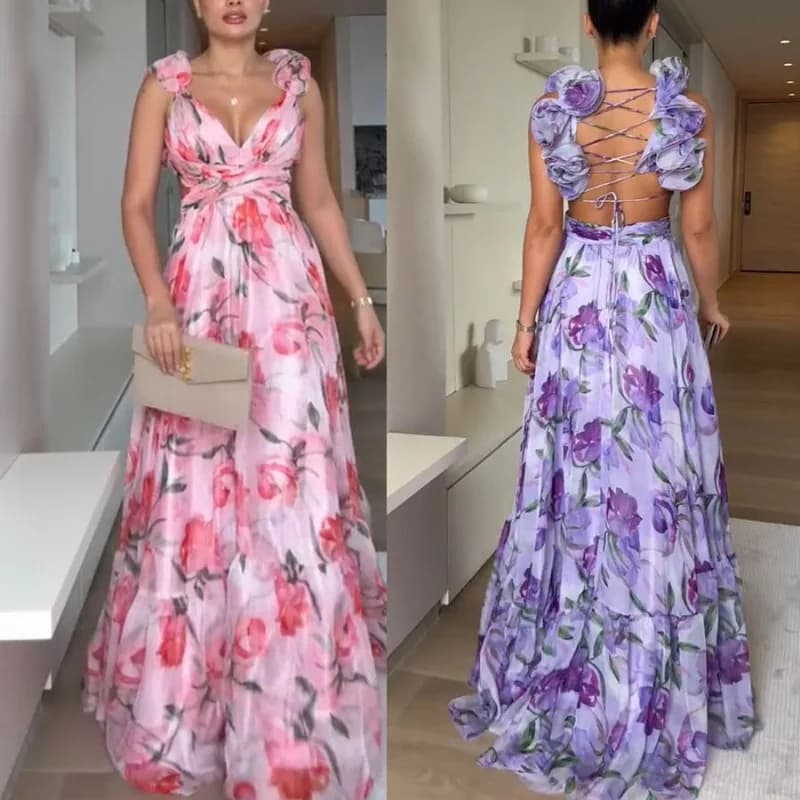 2025 New Sexy Printed Women's Dresses Of Bohemian Halter Sleeveless Backless Waist Long Dress Fashion Summer Beach Holiday Robe