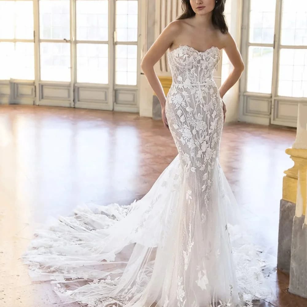 Abito da sposa classico Sirena di pizzo personalizzata Abiti da sposa squisiti Abiti da sposa con scollo a cuore Appliques Abiti da sposa