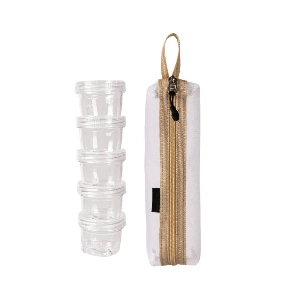 Set da viaggio di 5 barattoli per spezie con contenitori sigillati e borsa per il trasporto, ideale per campeggio e picnic.