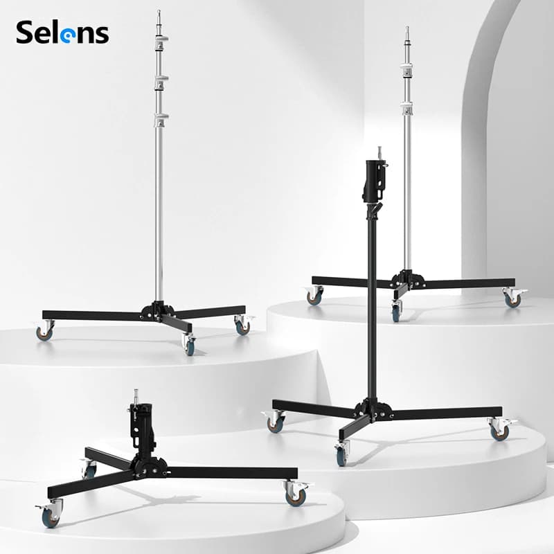 Selens Supporto per luce fotografica professionale Supporto per luce flash con treppiede in acciaio inossidabile resistente con staffa portatile con rotelle