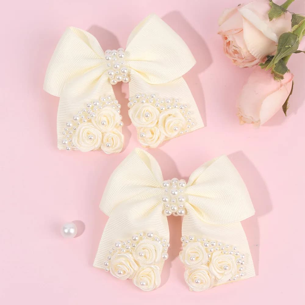 2Pcs New Flower Bow Hair Clips Elegant Ribbon Pearls Hairpins Floral Barrette For Girls Children Kid School Headdress Accesories