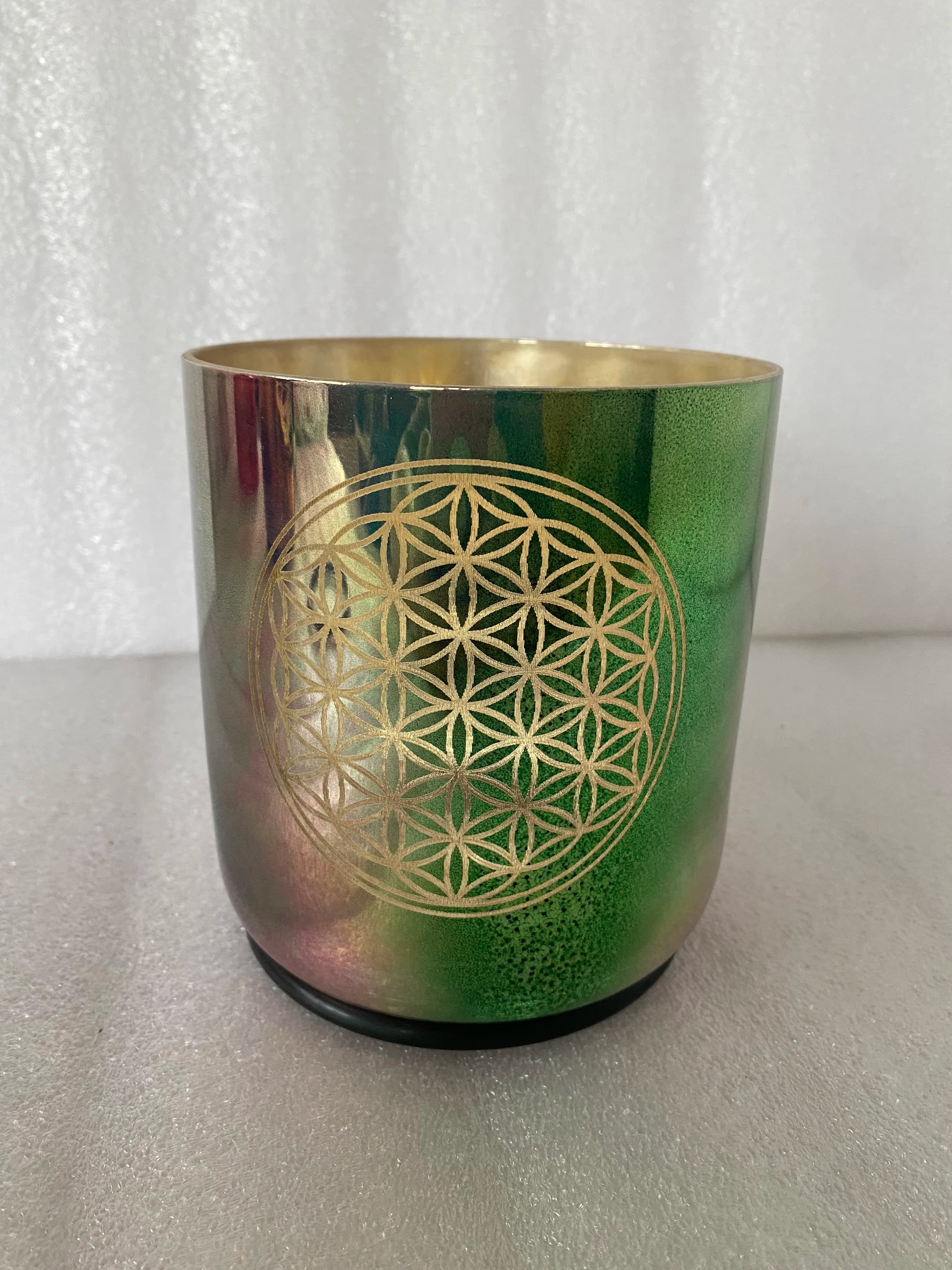 Crystal singing bowl 4th octave C# note 440HZ or 432hz straight wall flat bottom bowl with flower of life image