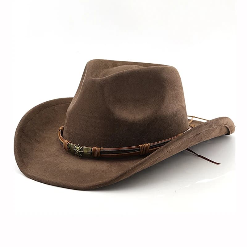 Cappello da cowboy occidentale in pelle scamosciata per uomo donna Cappelli da jazz in feltro con tesa arrotolata vintage Cappelli da cavaliere da viaggio all'aperto