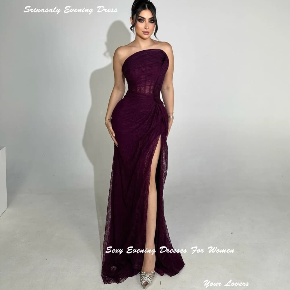 Abiti da sera formali senza spalline Abiti da sera viola per donne sexy Abiti da cocktail party con spacco alto Abito con spacco laterale
