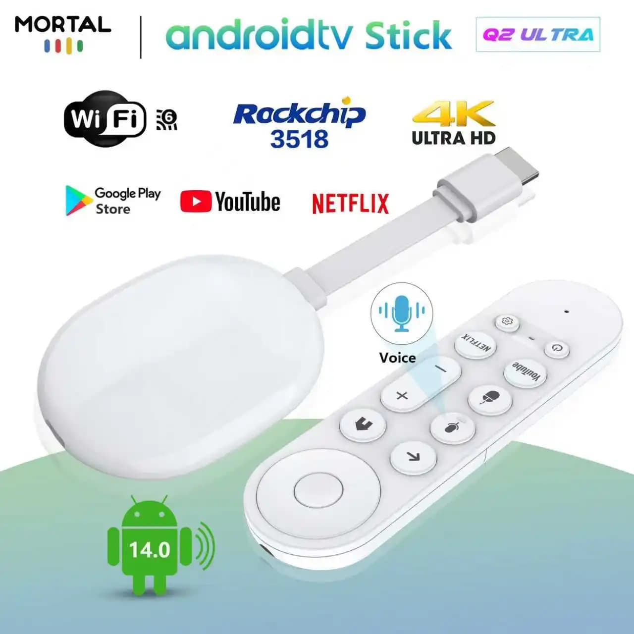 Q2 Ultra Smart Android 14.0 TV Stick Rockchip RK3518 with Vocal Control, 4K Ultra HD Multimedia, Supports WiFi 6 Dual-Band and BT 5.0