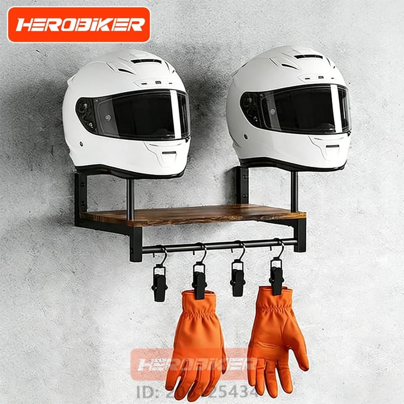 Wall mount for motorcycle helmet, wooden shelf with adjustable hooks, robust and durable, for motocross accessories and bicycle