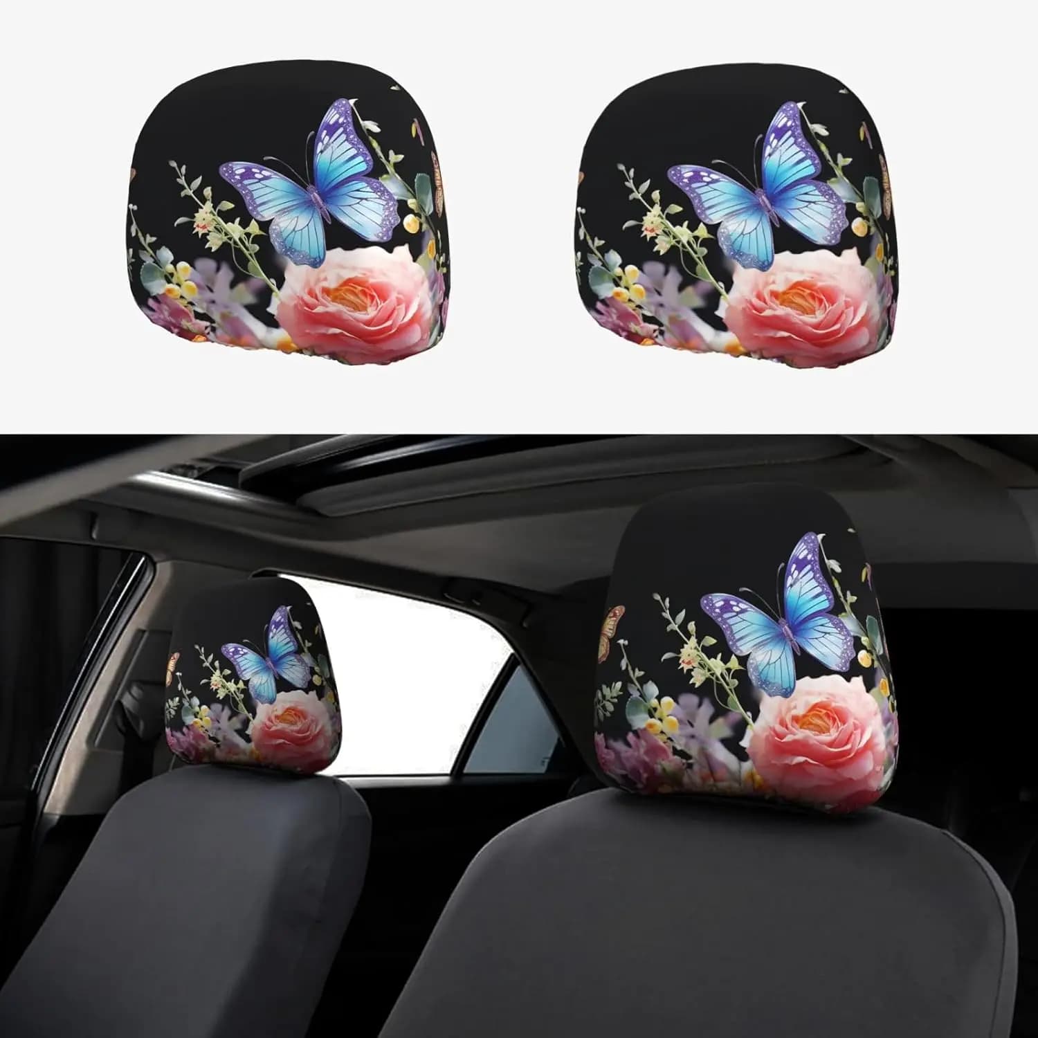 Custom Auto Head Covers, Universal Car Covers with Floral Patterns and Butterflies