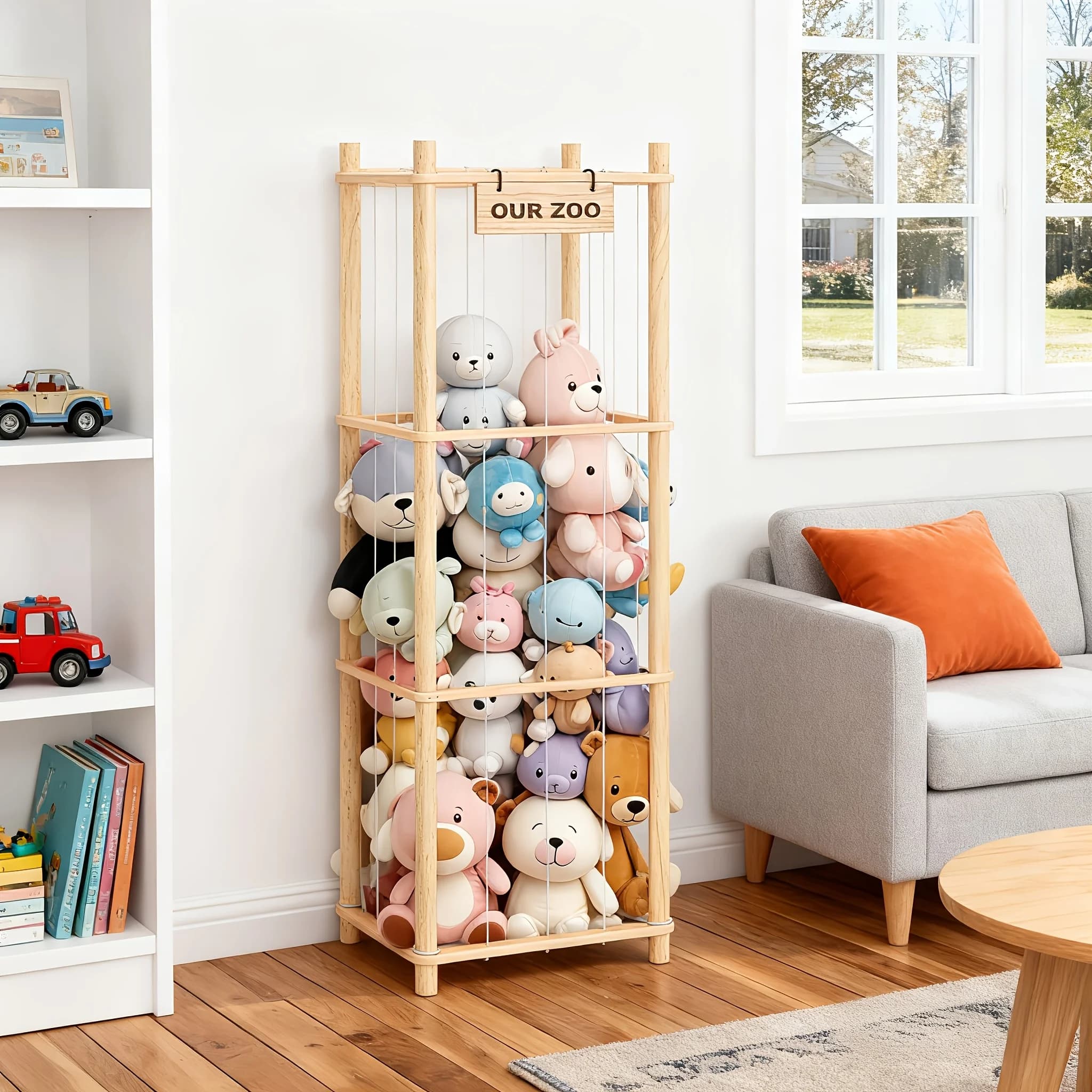 Ampio scaffale porta bambole, organizer in legno, facile da montare, salvaspazio, elegante e pratico, ideale per sale giochi, camere da letto e aree giorno.