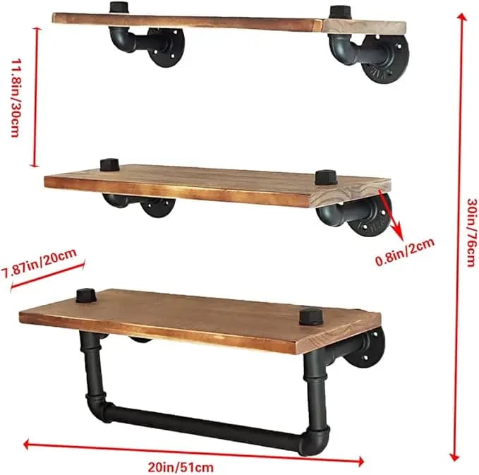 Industrial Pipe Shelves With Towel Bar Mounted Wood Shelving Bookcase Farmhouse
